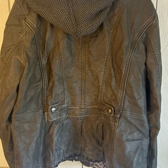 Washed Black Leather Jacket with Hood - Picture 7 of 8